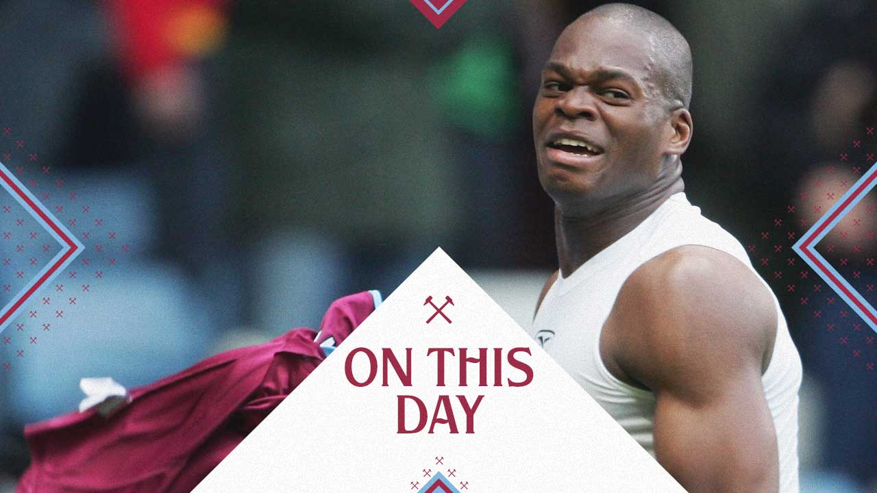 Marlon Harewood celebrates his goal against Arsenal