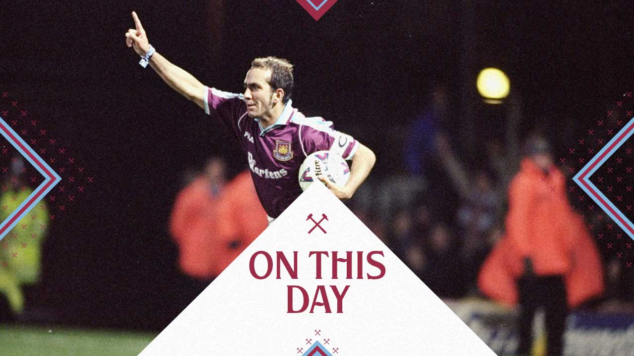 Paolo Di Canio celebrates scoring against Sheffield Wednesday in 1999