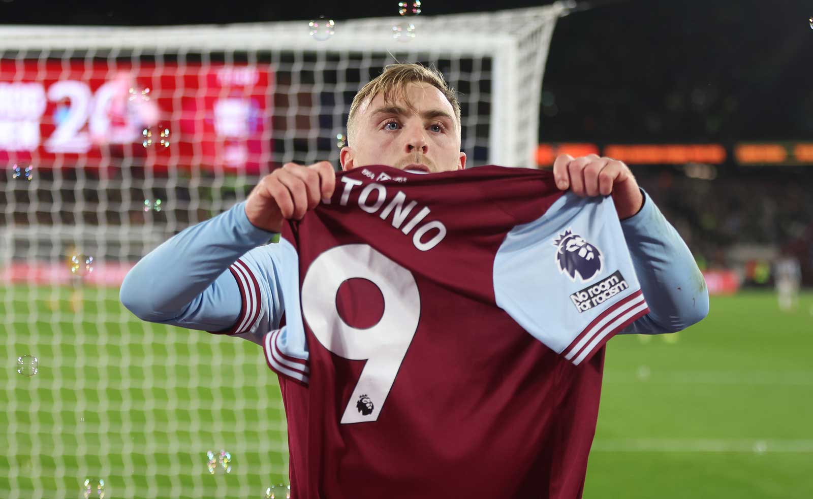 Jarrod Bowen holds a Michail Antonio shirt aloft after scoring against Wolves