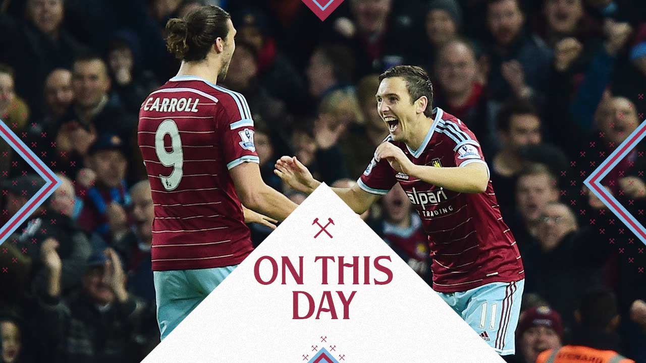 Andy Carroll and Stewart Downing celebrate against Leicester in 2014