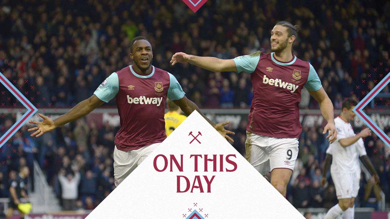 Michail Antonio and Andy Carroll celebrate against Liverpool in January 2016