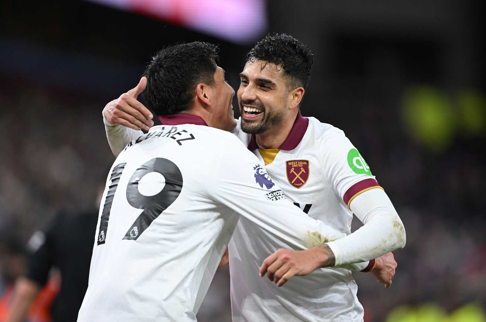 Edson Álvarez celebrates with Emerson after the wing-back headed the Hammers level at Villa Park