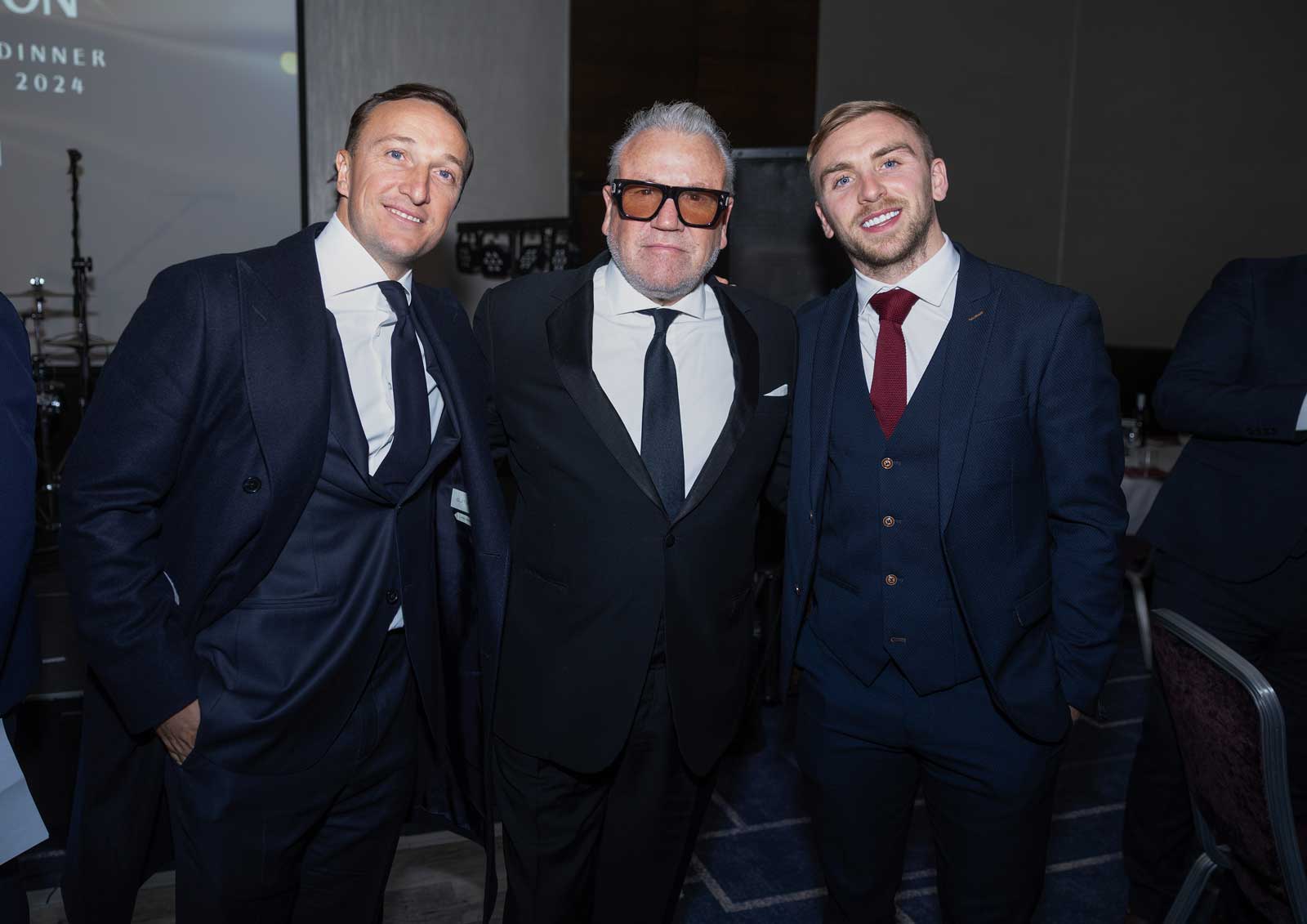 Mark Noble, Ray Winstone and Jarrod Bowen at the Gala Dinner