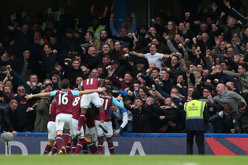 West Ham fans celebrate at Stamford Bridge in November 2019