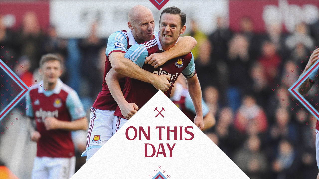 Kevin Nolan celebrates scoring against Swansea City in February 2014