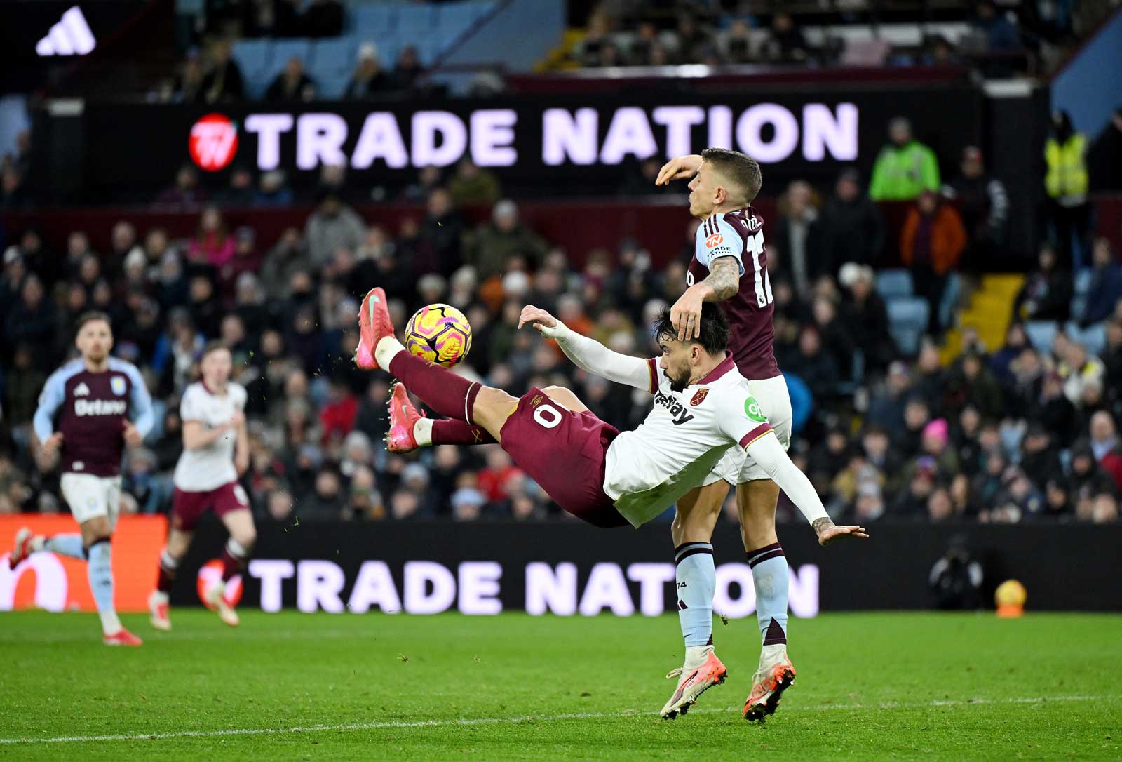 Lucas Paquetá tries an overhead kick at Aston Villa