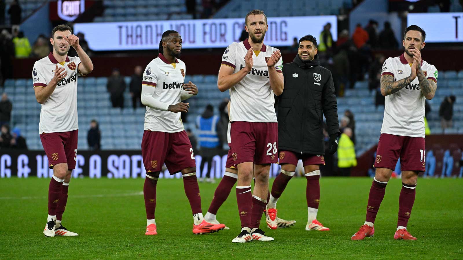 Tomáš Souček applauds the West Ham fans at full-time at Villa Park