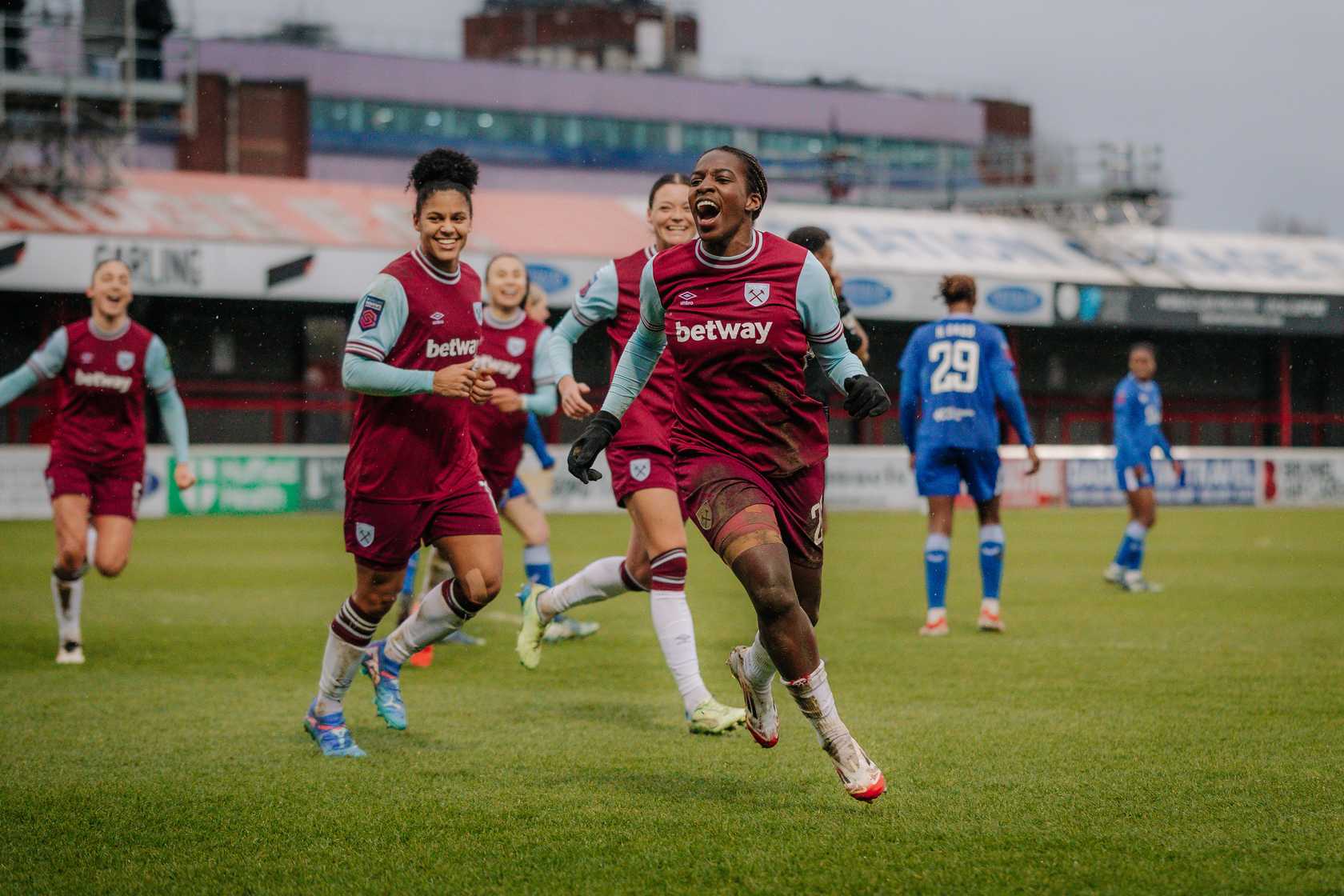 Viviane Asseyi celebrates scoring against Everton