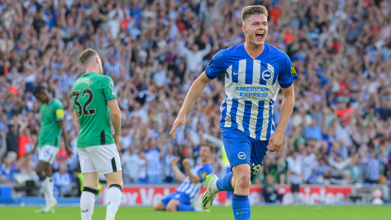 Evan Ferguson celebrates scoring for Brighton against Newcastle