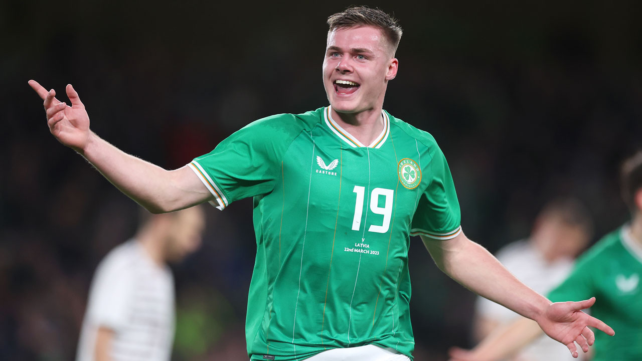 Evan Ferguson celebrates scoring for Republic of Ireland