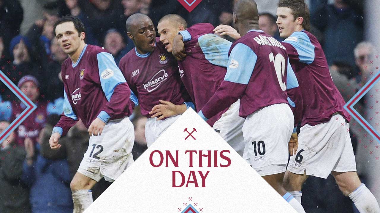 Bobby Zamora celebrates scoring against Cardiff City in February 2004