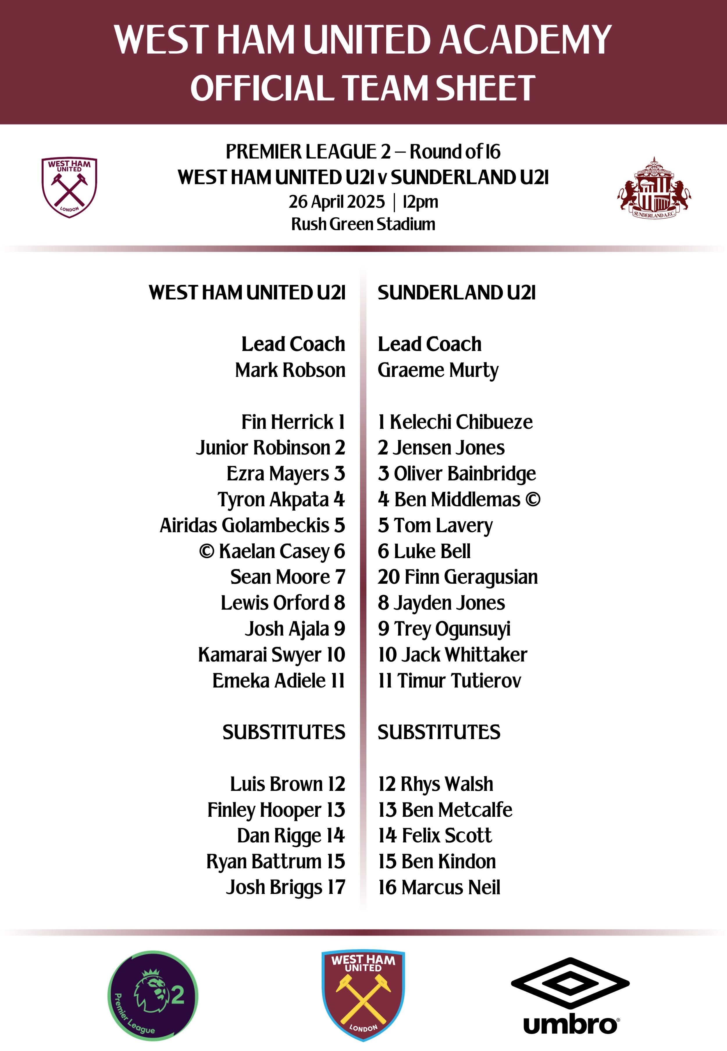 U21s teamsheet