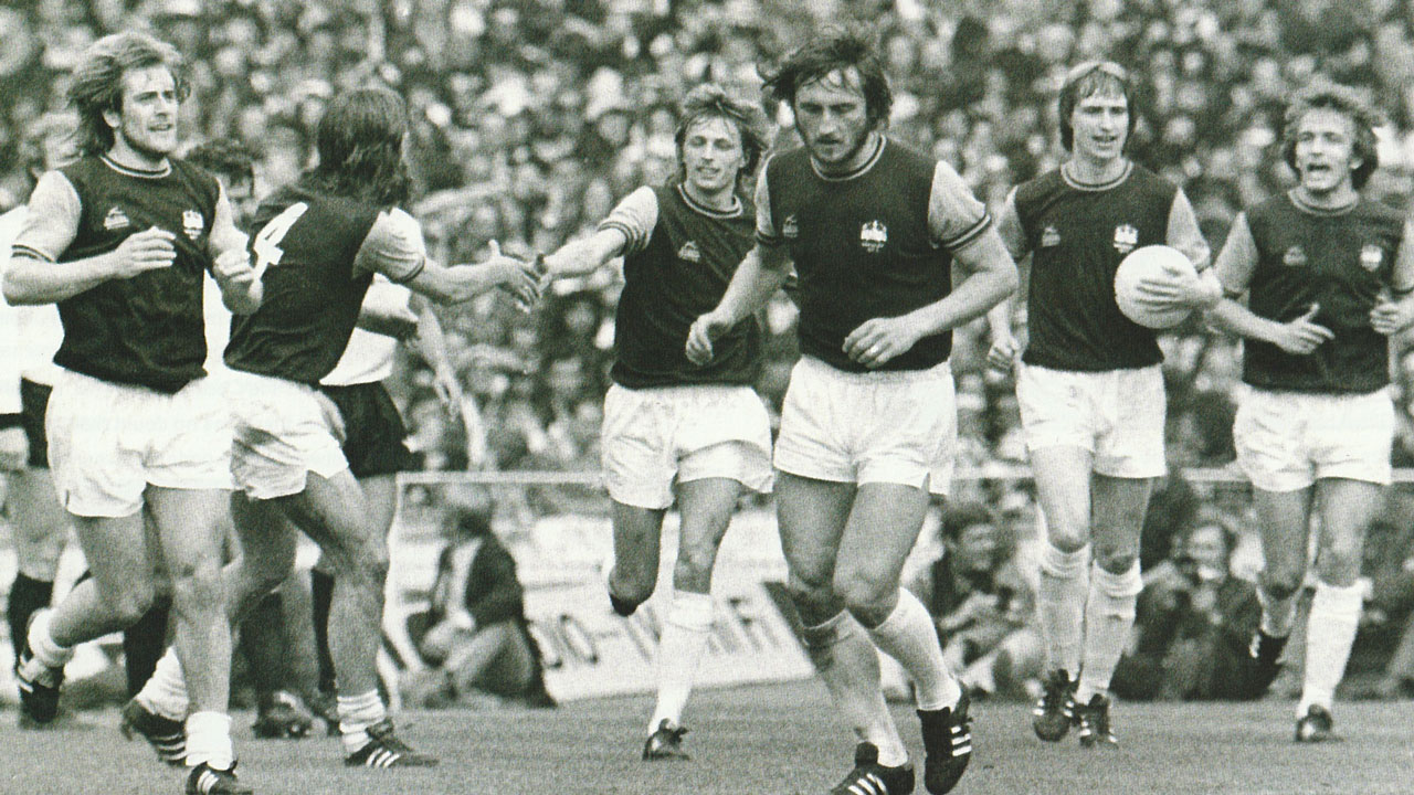 'Sparrow' celebrates with his teammates after scoring at Wembley