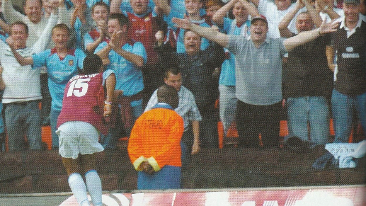 Anton Ferdinand celebrates scoring at Watford in May 2005