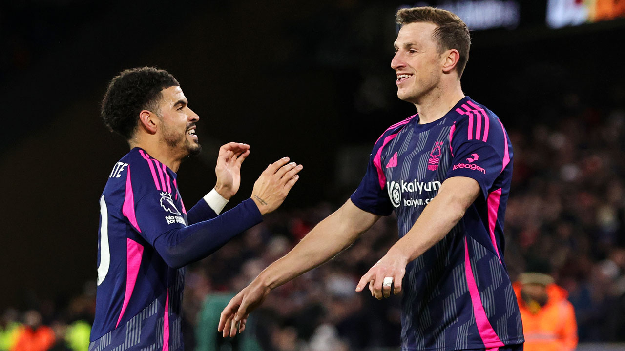 Morgan Gibbs-White and Chris Wood celebrate