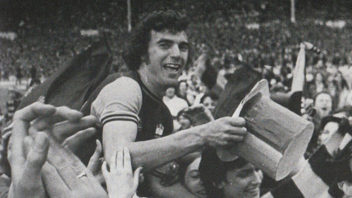 Sir Trevor Brooking celebrates winning the FA Cup in 1975