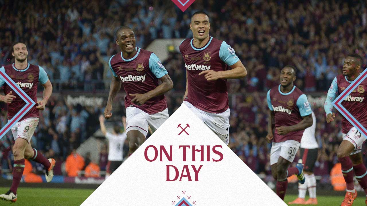 Winston Reid celebrates scoring against Manchester United in 2016
