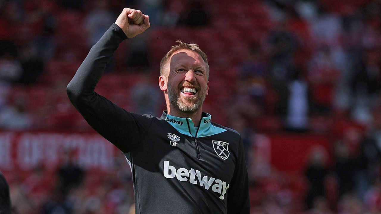 Graham Potter celebrates victory at Manchester United