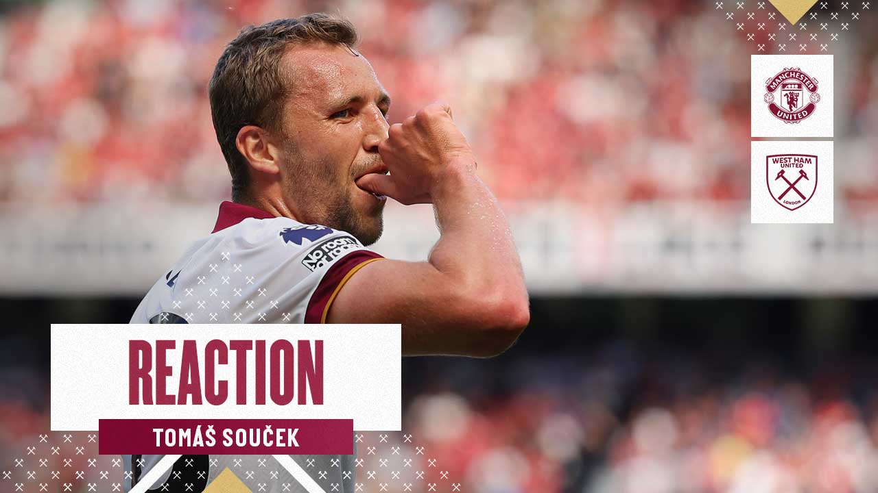Tomáš Souček celebrates his goal at Manchester United