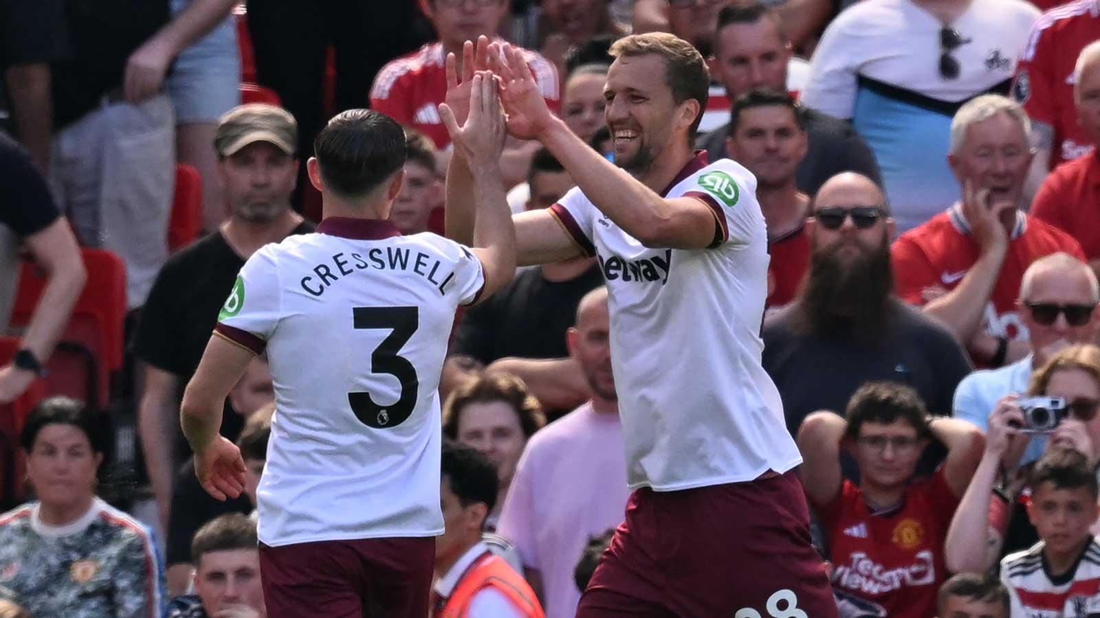 Tomáš Souček celebrates scoring at Manchester United with Aaron Cresswell