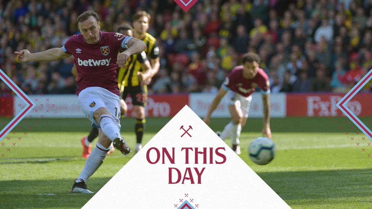 Mark Noble scores at Watford in May 2019