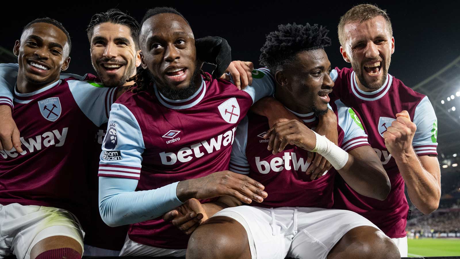 West Ham United players celebrate a goal against Wolves