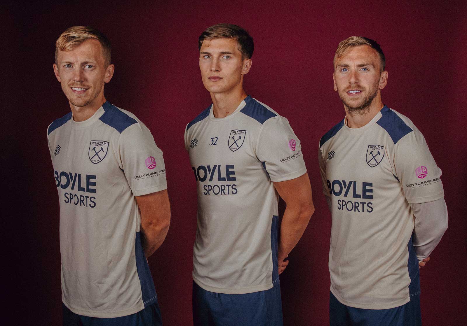 West Ham United players wear training kit featuring the Lilley Plummer logo on the sleeve