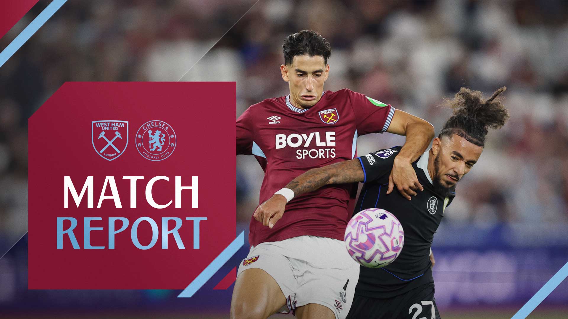 Nayef Aguerd holds off Malo Gusto against Chelsea
