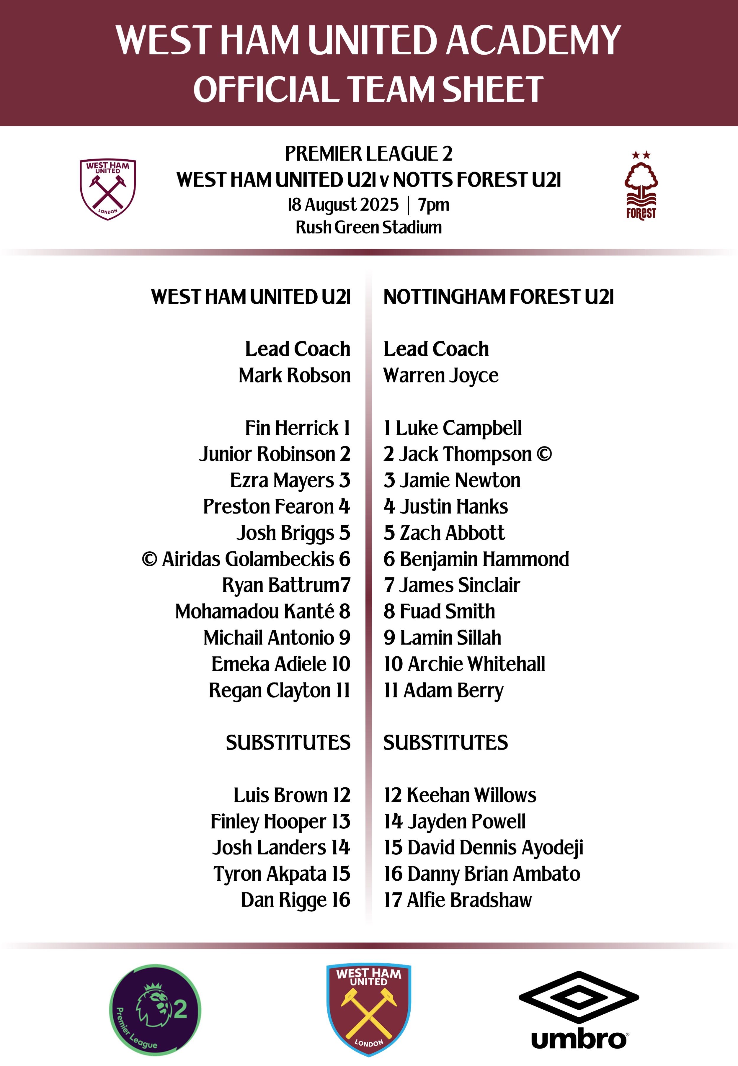 West Ham Academy Teamsheet