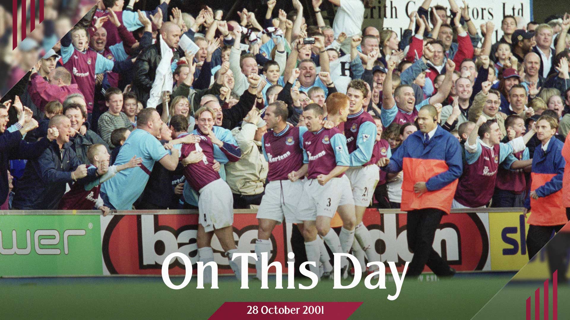 West Ham celebrate scoring at Ipswich on this day in 2001