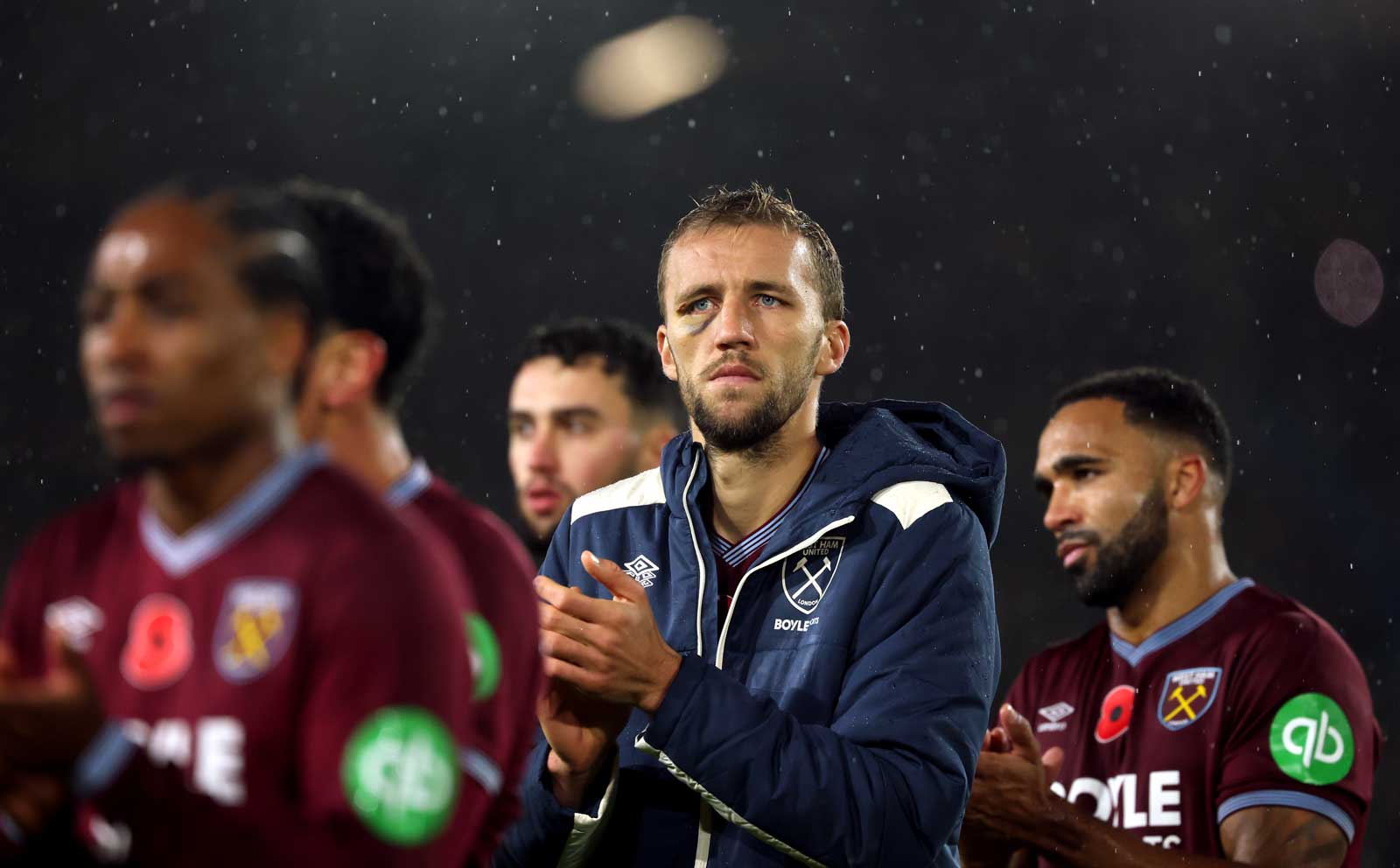 Tomáš Souček applauds the Hammers fans at full-time against Leeds