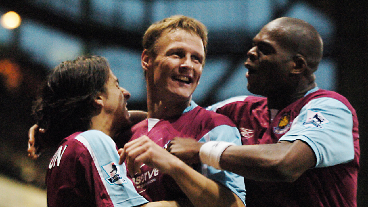 Teddy Sheringham celebrates scoring against West Brom