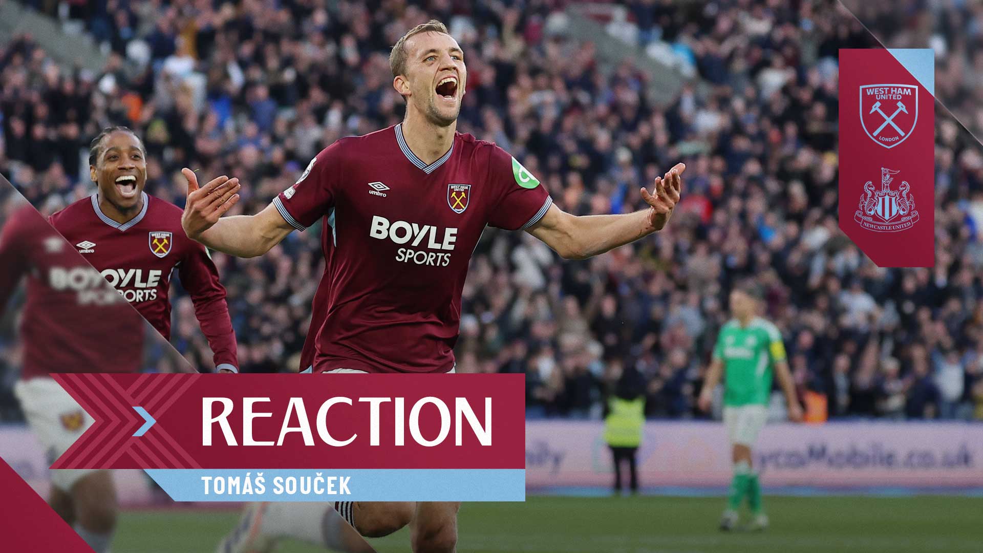 Tomáš Souček celebrates scoring against Newcastle