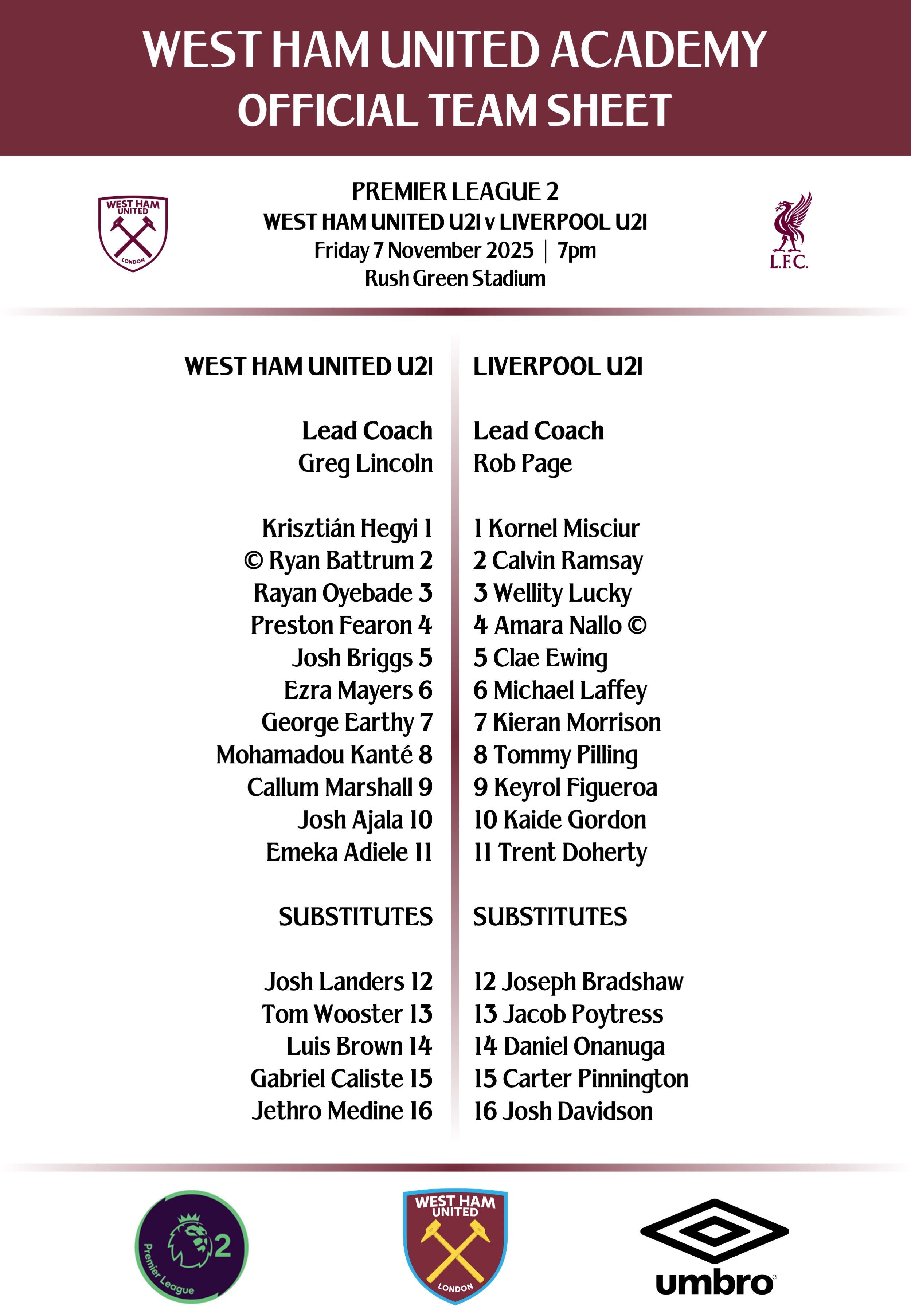 U21s v Liverpool teamsheet