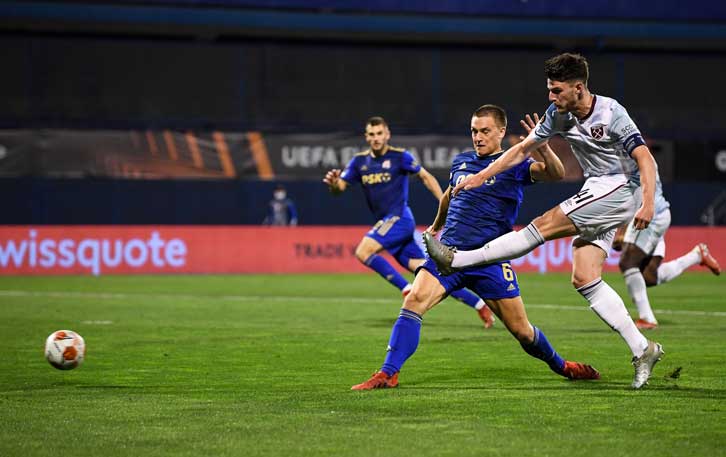 Declan Rice scores the Hammers' second goal in Zagreb