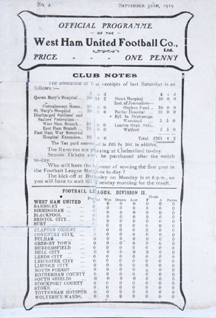 The programme published for West Ham United's first home Football League fixture