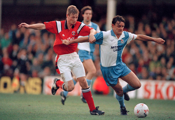 Charlton in action against Blackburn Rovers at the Boleyn Ground