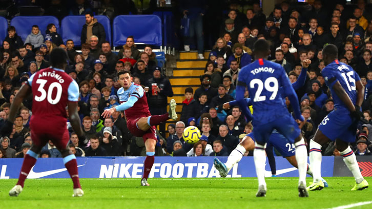 Aaron Cresswell scoring at Chelsea in November 2019