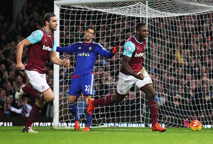 Michail Antonio celebrates scoring against Southampton in December 2015