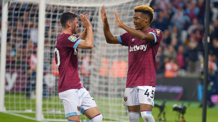 Joe Powell and Grady Diangana celebrate the latter's goal at London Stadium