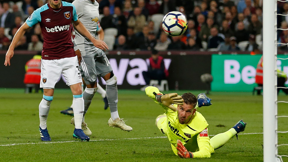 Adrian makes a save against Manchester United