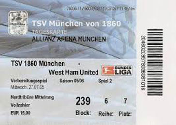 A ticket stub from West Ham's visit to Munich in 2005