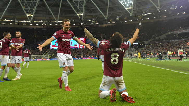 Felipe Anderson celebrates scoring against Crystal Palace