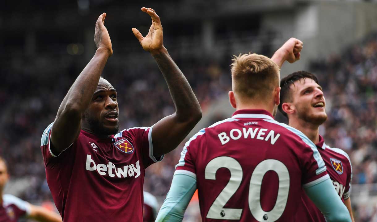 Michail Antonio celebrates scoring at Newcastle