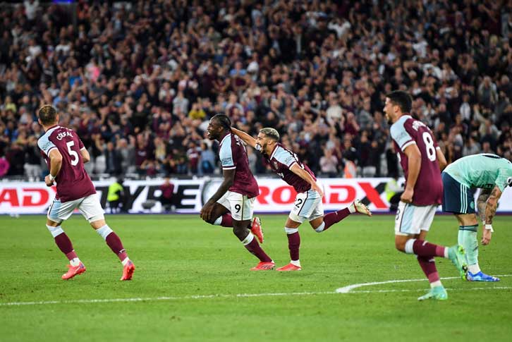 Michail Antonio celebrates scoring against Leicester