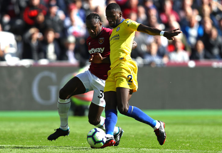 Michail Antonio battles for possession with Chelsea's Antonio Rudiger