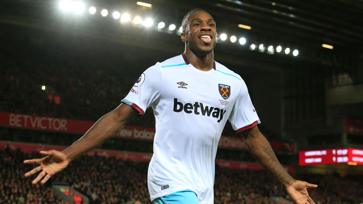 Michail Antonio celebrates scoring at Anfield