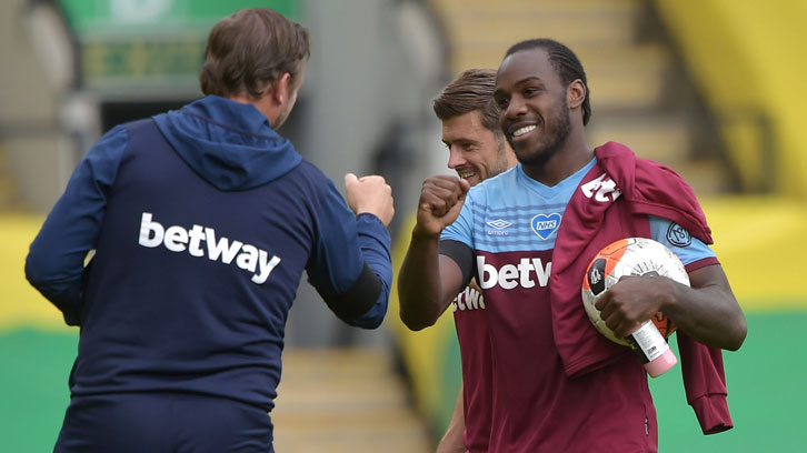 Michail Antonio celebrates scoring four at Norwich