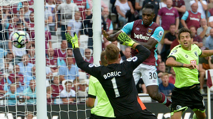 Michail Antonio scores against Bournemouth at London Stadium