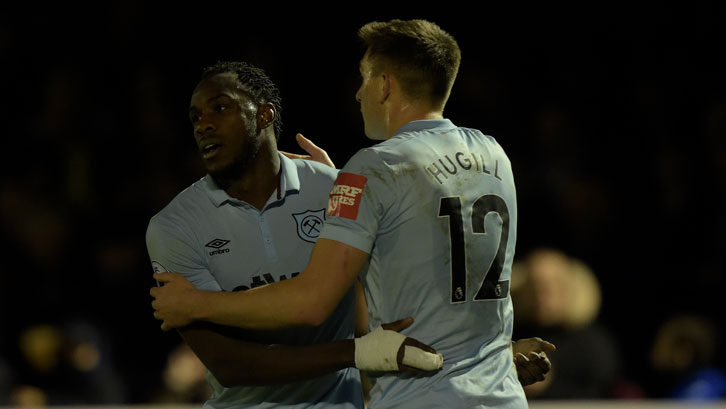 Michail Antonio celebrates his first goal with Jordan Hugill